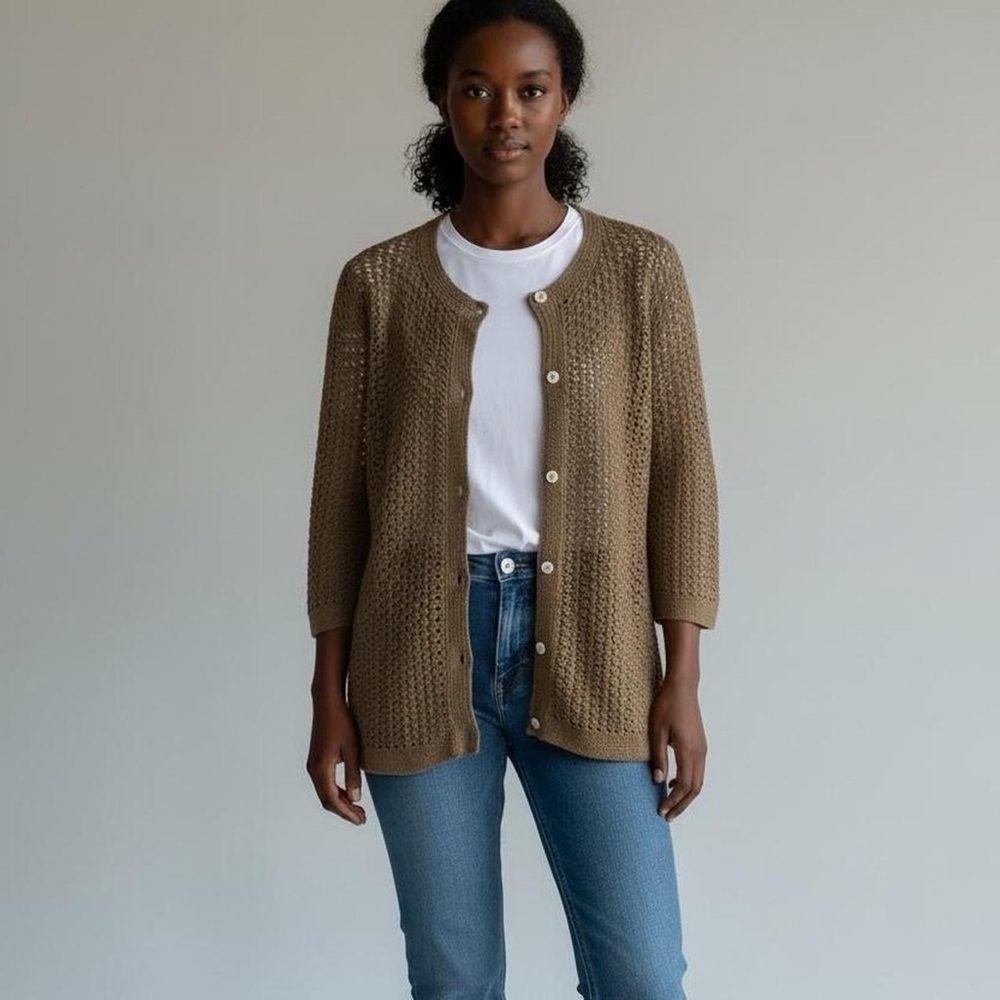 Vintage Eddie Bauer Hand Crocheted Linen Cotton Blend Cardigan - Picture 1 of 7